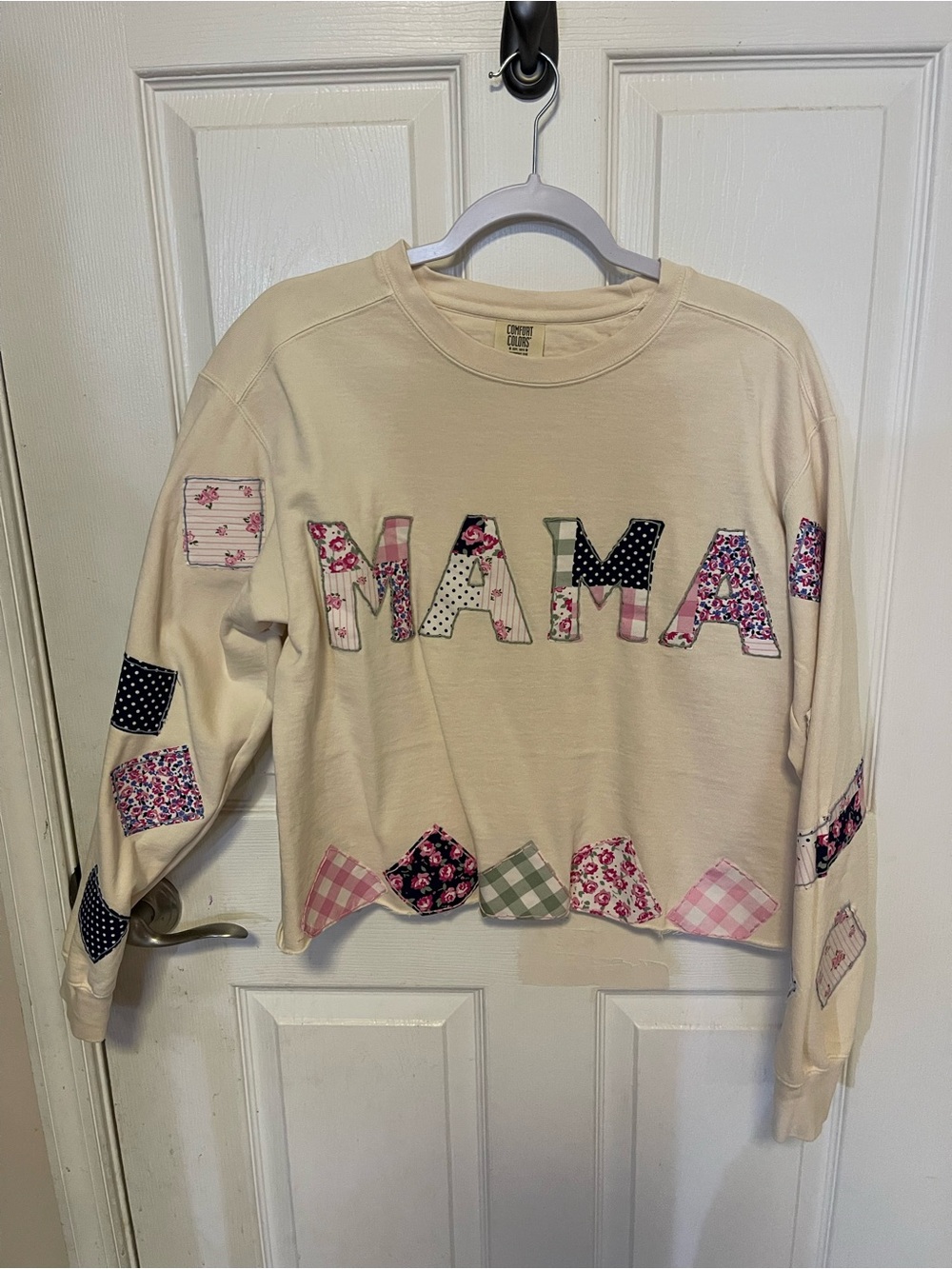 Girls Cream 'Mama' Patchwork Sweatshirt - Pink & Green Accents